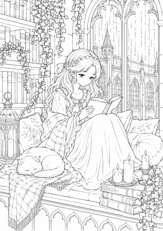 صفحة حقيقية من داخل كتاب Cozy Girl: فتاة كتقرأ قرب النافذة