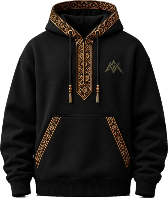 VERTEX signature black hoodie with gold ornamental embroidery