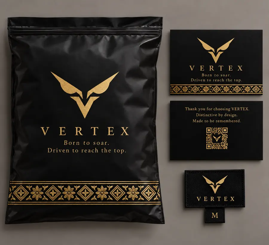 VERTEX branded packaging bag and thank-you card