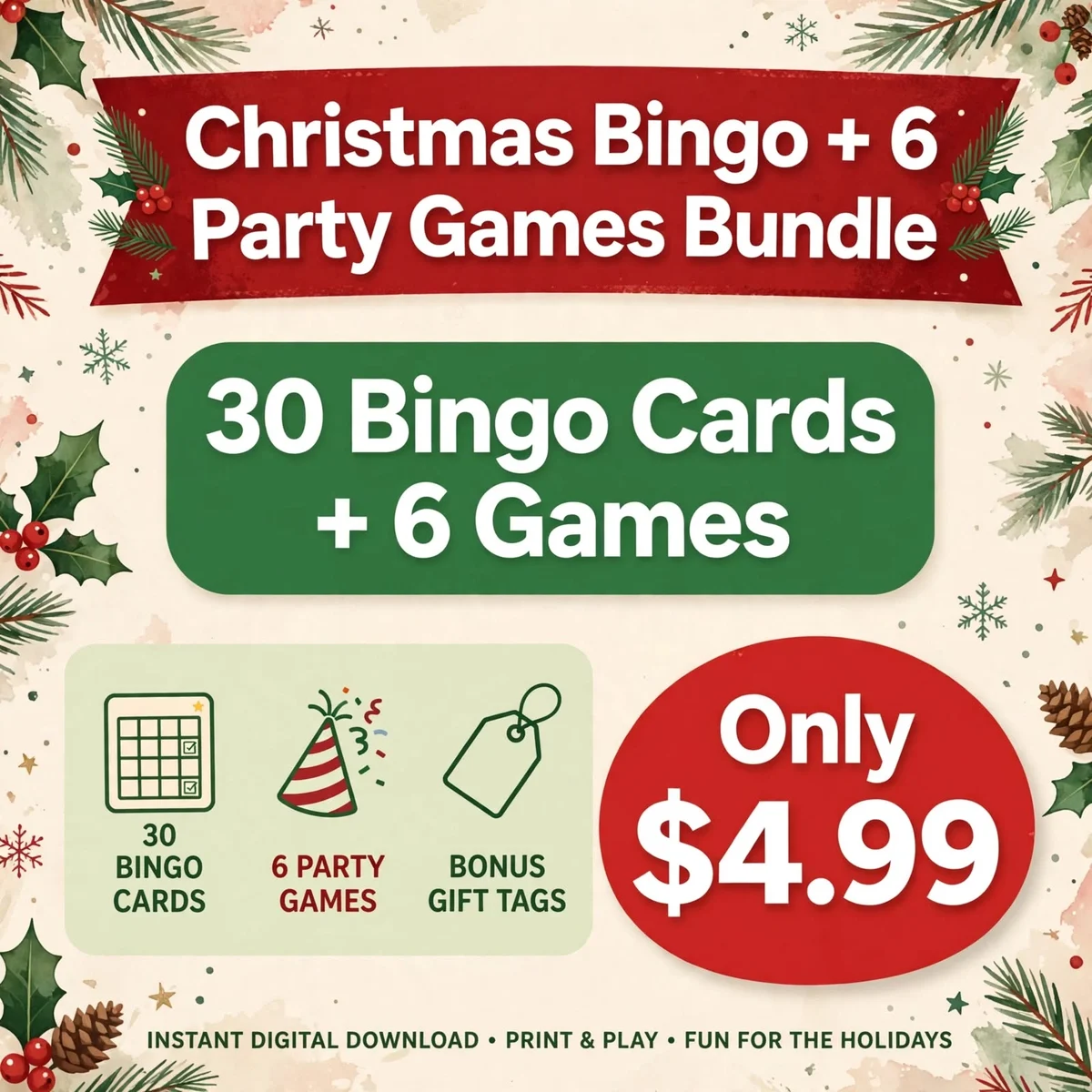 Christmas Bingo + 6 Party Games Bundle + Bonus Gift Tags