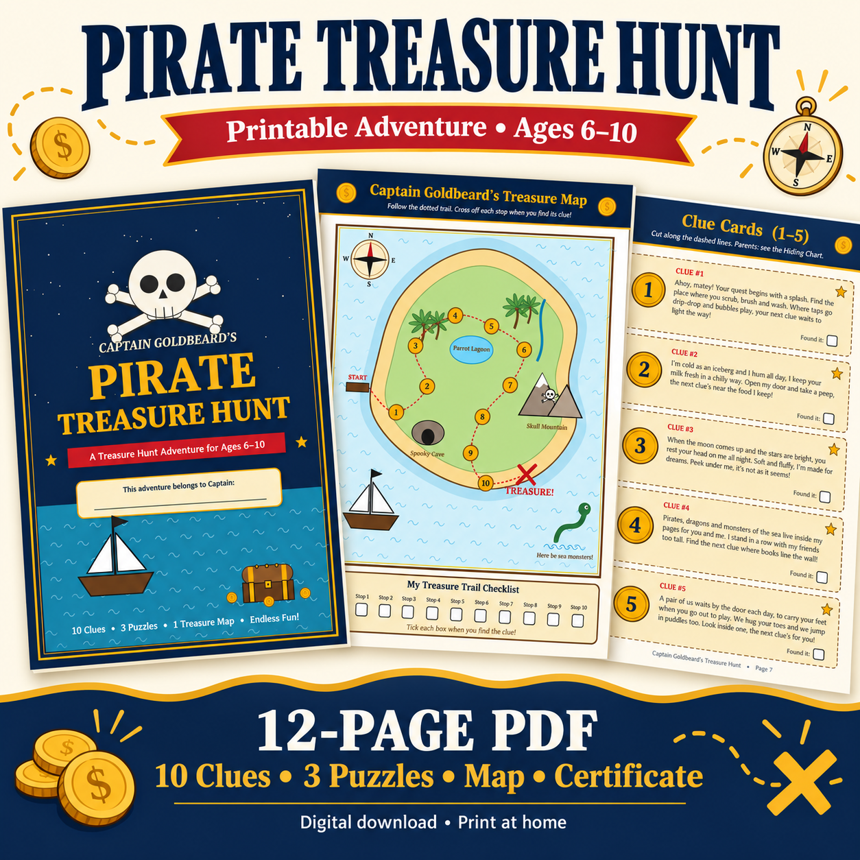 Pirate Treasure Hunt β 12-page printable PDF with clues, puzzles, map and certificate