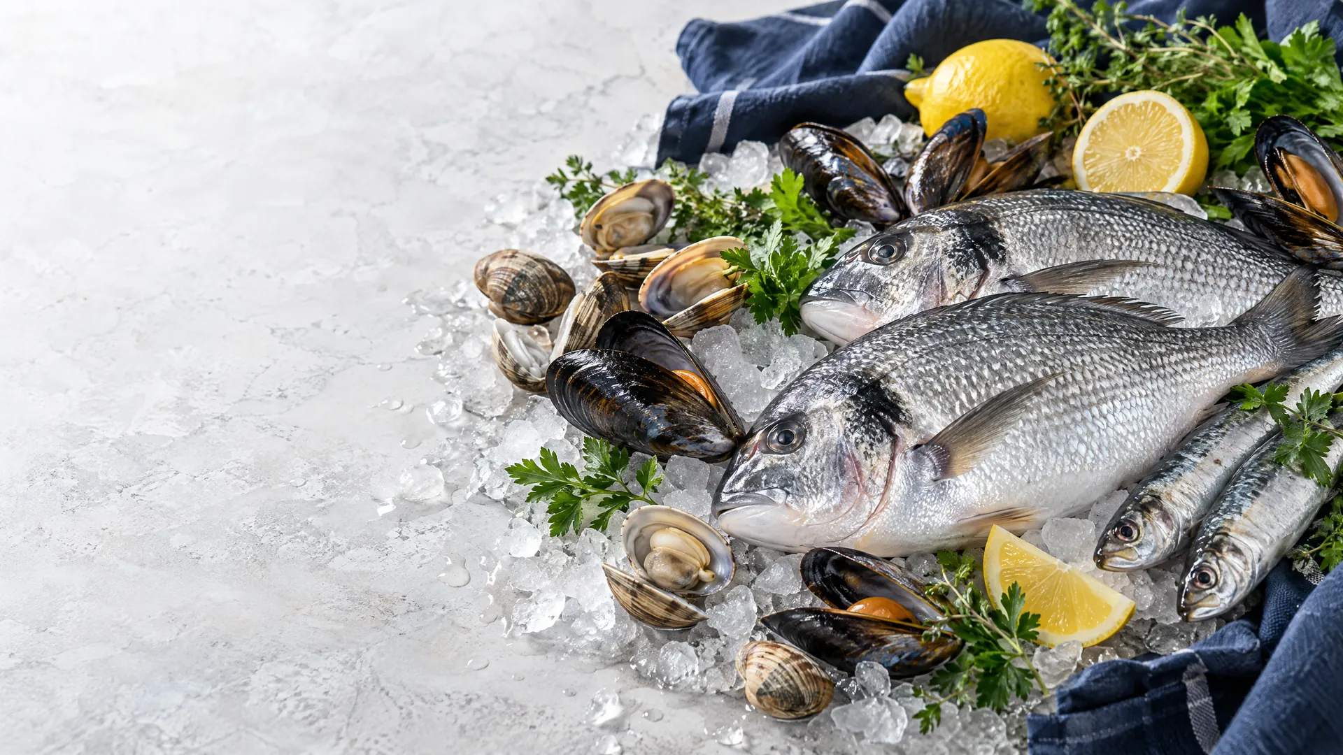 Sélection de poissons et fruits de mer frais sur glace