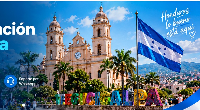 Vista de Honduras con bandera y arquitectura local