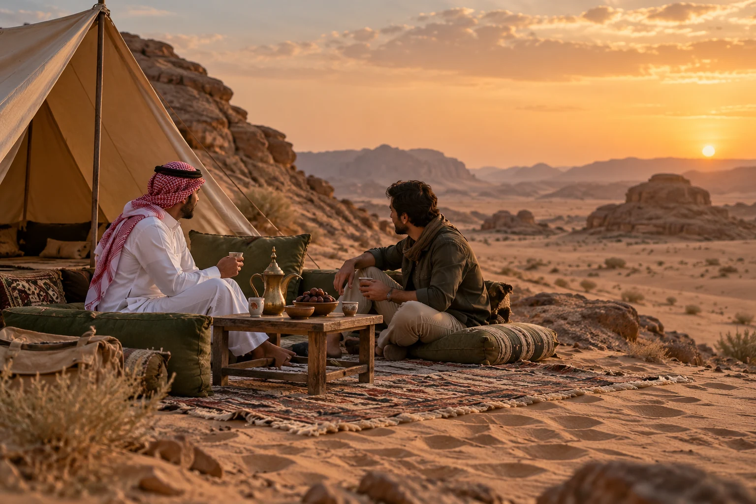 جلسة كشتة في الصحراء وقت الغروب